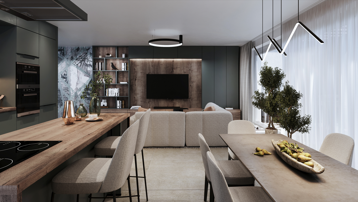 Nappali egyedi bútor: Wengetrend, étkezőasztal: Dutch Home, székek: Europa Design- Giulio Marelli